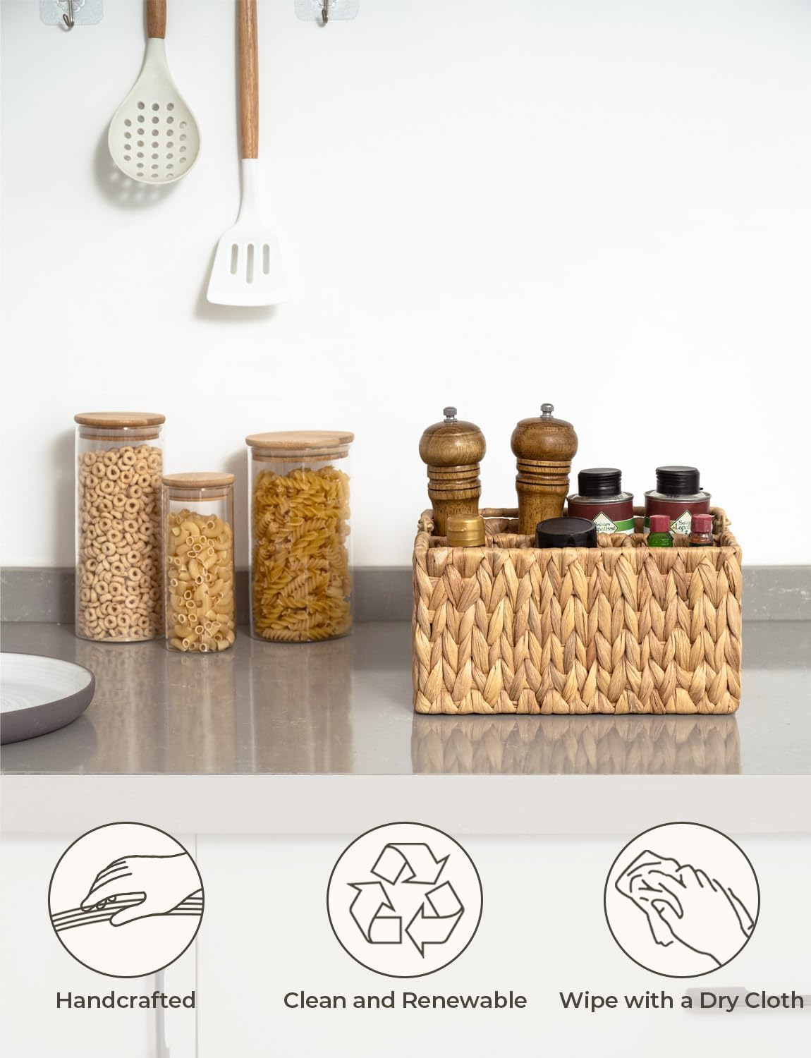 StorageWorks Hand-Woven Wicker Silverware Organizer - Stylish Water Hyacinth Cutlery Holder with Handle
