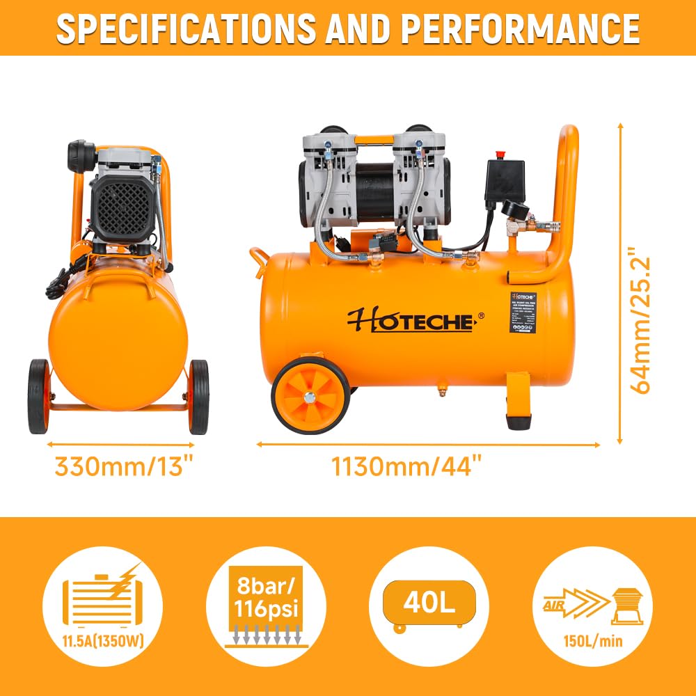 HOTECHE 10.5 Gallon Silent Oil-Free Air Compressor, 115 PSI 1.8HP High Pressure Ultra Quiet Electric Air Pump with Dual Cylinders, 150L/Min High Flow for Home Garage, Workshop, Painting & Air Tools