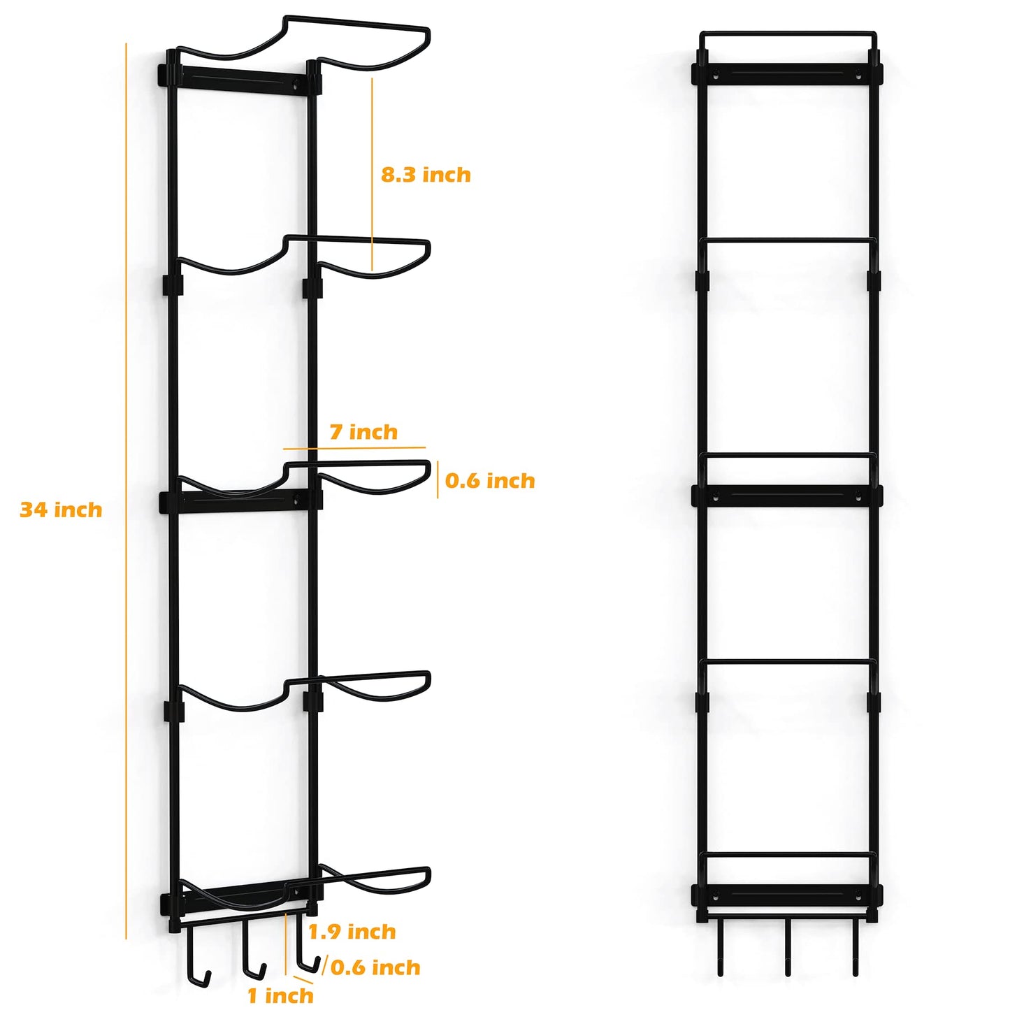 Kesito Yoga Mat Holder Wall Mount, Wall Rack Organizer, Storage Foam Roller and Block, with 5 Sectional and 3 Hooks for Hanging Yoga Strap, Resistance Bands at Fitness Class or Home Gym, Decor(Black)