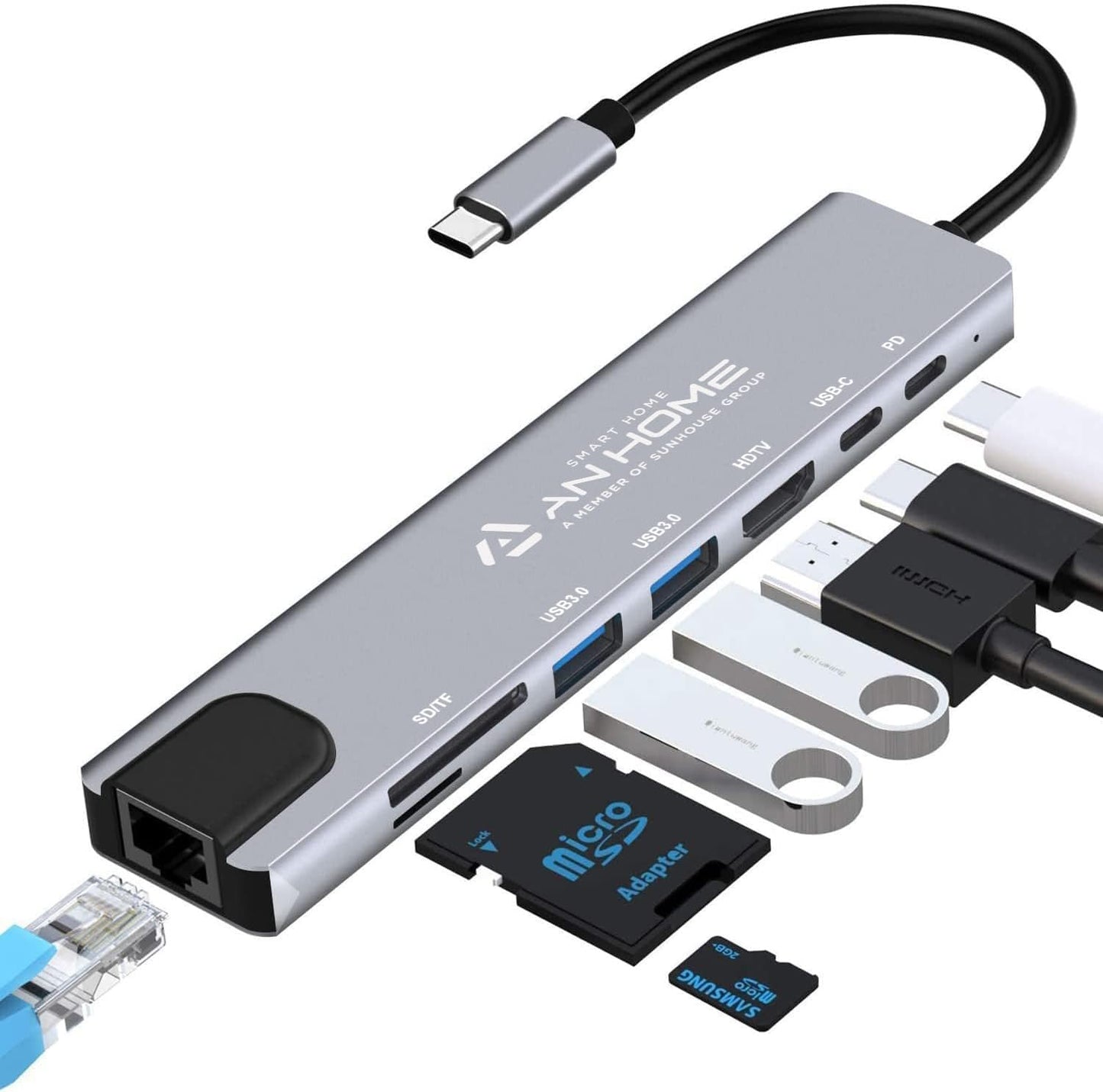 AnHome Smart Home 4K 8-in-1 RJ45 3.0 87W AnHome USB C Hub Ethernet HDMI Adapter, Multiport Dock USB-C to Ethernet USB