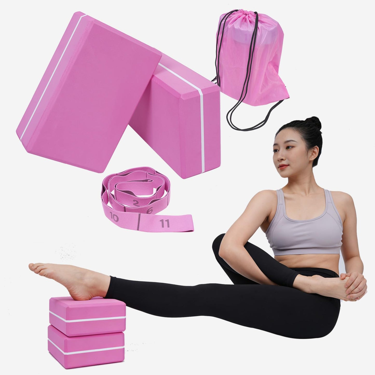 Yoga Blocks 2 Pack with Stretch Strap & Bag – High Density EVA Foam Yoga Block Set, Non Slip Bricks with 11 Loop Strap for Yoga, Pilates, Stretching, Fitness & Rehab (Pink Brick & Pink Band)