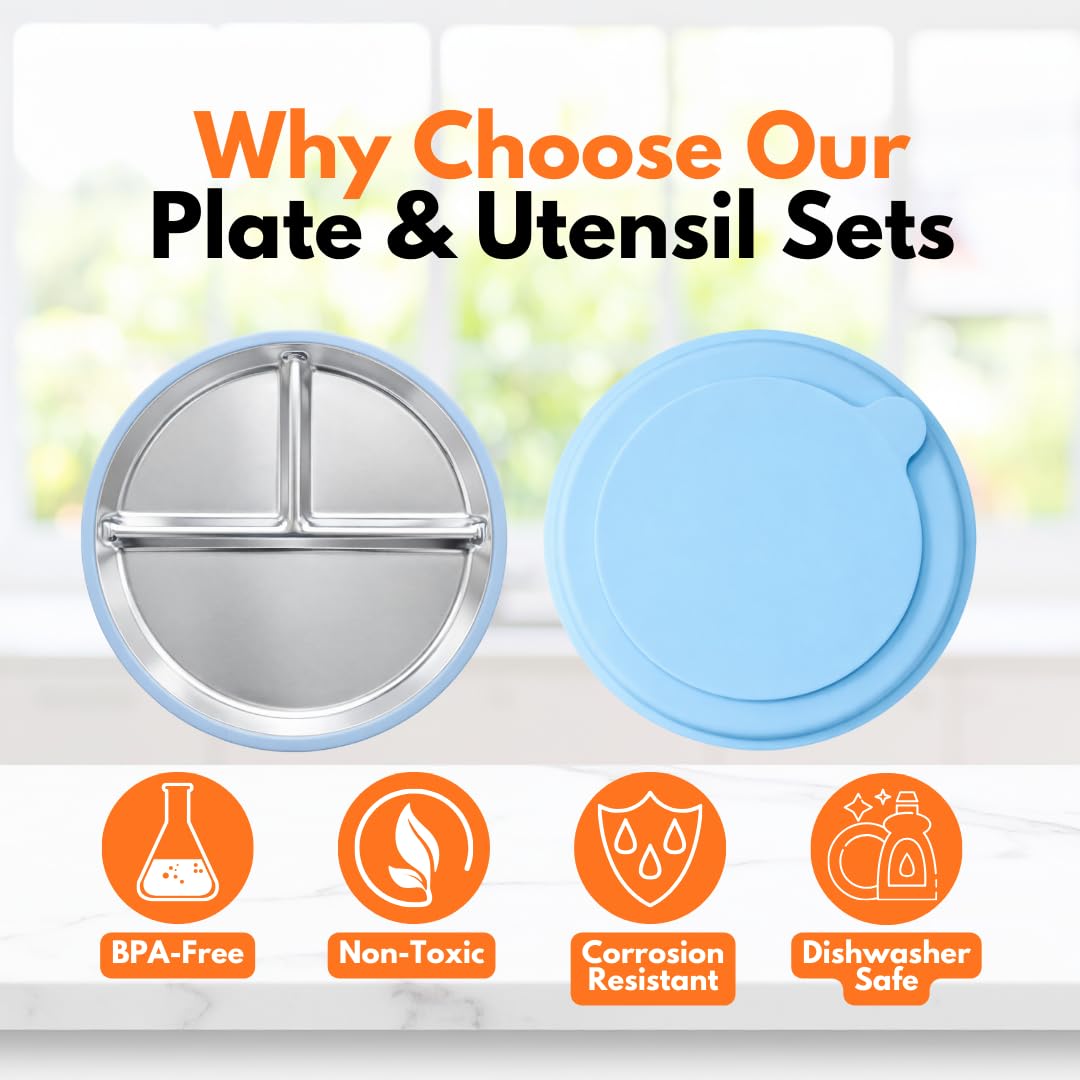 6-Piece Stainless Steel Divided Plates with Suction – Durable Toddler Dinnerware Set with Forks & Spoons – Mess-Free & Dishwasher Friendly