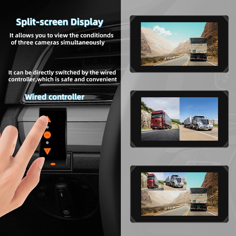 VSYSTO Truck Carplay, 5" Touchscreen WiFi 3CH Truck Dash Cam, GPS Navigation, Parking Monitoring, Front and Left and Right Cameras, Infrared Night Vision, Wired Controller, Temperature Display