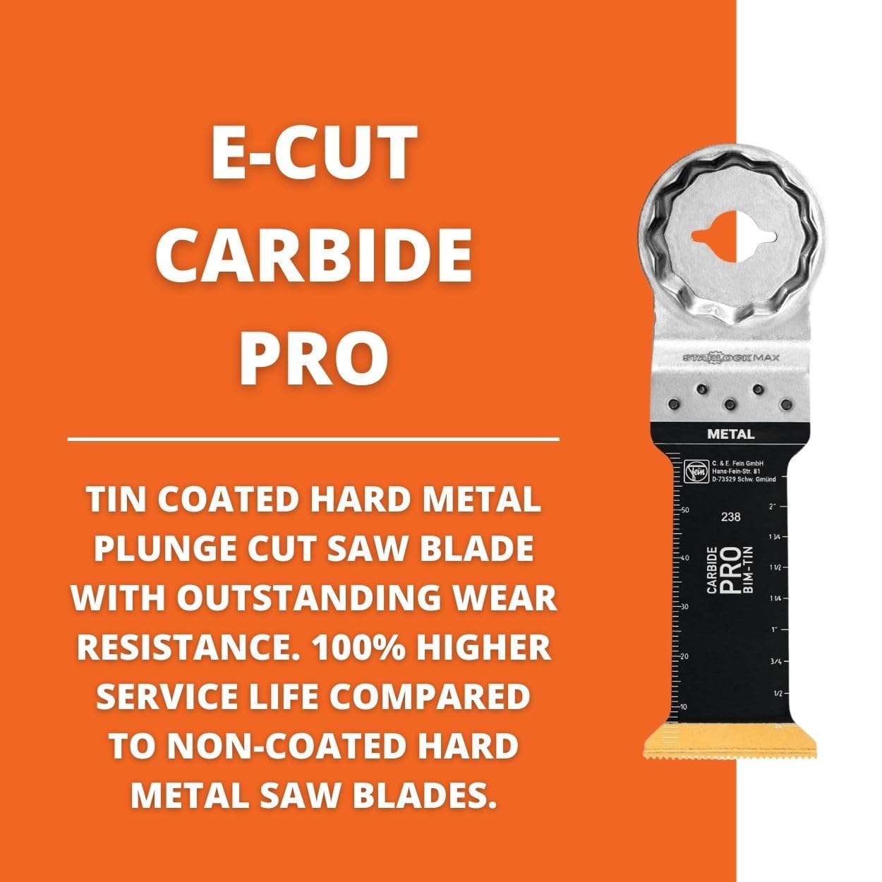 Fein Starlock Max E-Cut Carbide Pro Saw Blade - Precision Cutting for Hard Metals, Tempered Screws and Abrasive Materials, TiN Coated, 1-1/4" Width, 3" Length, 10-Pack - 63502238240