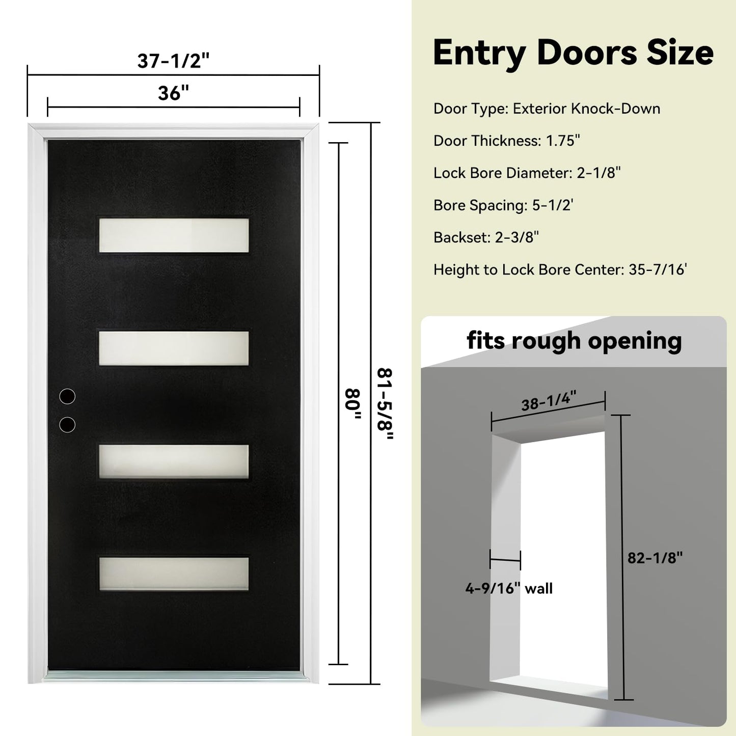 Fiberglass Exterior Door 36" x 80" with Frosted Glass and Brickmould, Right-Hand Inswing Front Door, Black Finish Knock-Down with White 4-9/16’’ Vinyl Frame for Residential Use