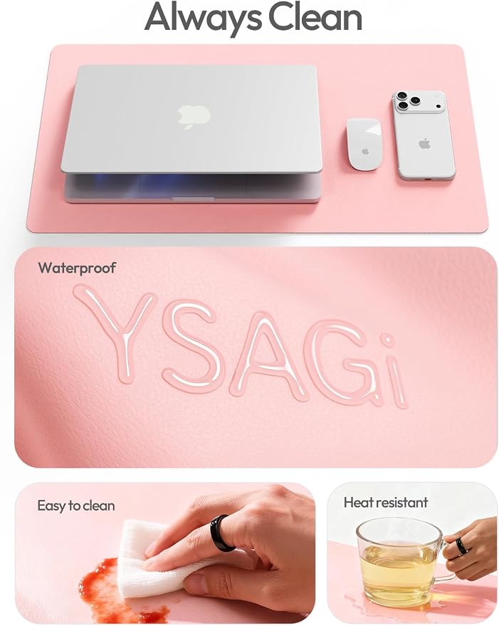 YSAGi Leather Desk Pad Protector, Office Desk Mat, Large Mouse Pad, Non-Slip PU Leather Desk Blotter, Laptop Desk Pad, Waterproof Desk Writing Pad for Office and Home (Light Pink, 55" x 24")