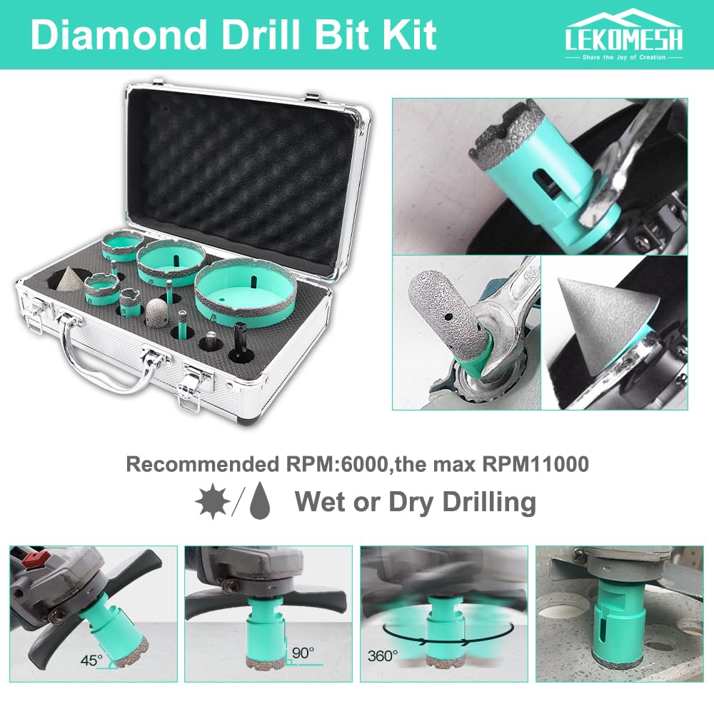 Tile Hole Saw Kit Diamond - LEKOMESH 6-100mm Diamond Core Drill Bits Set with 20mm Finger & 50mm Chamfer Bit & SDS/HEX Adapter for Porcelain Ceramic Marble Concrete Brick, 5/8"-11 Thread