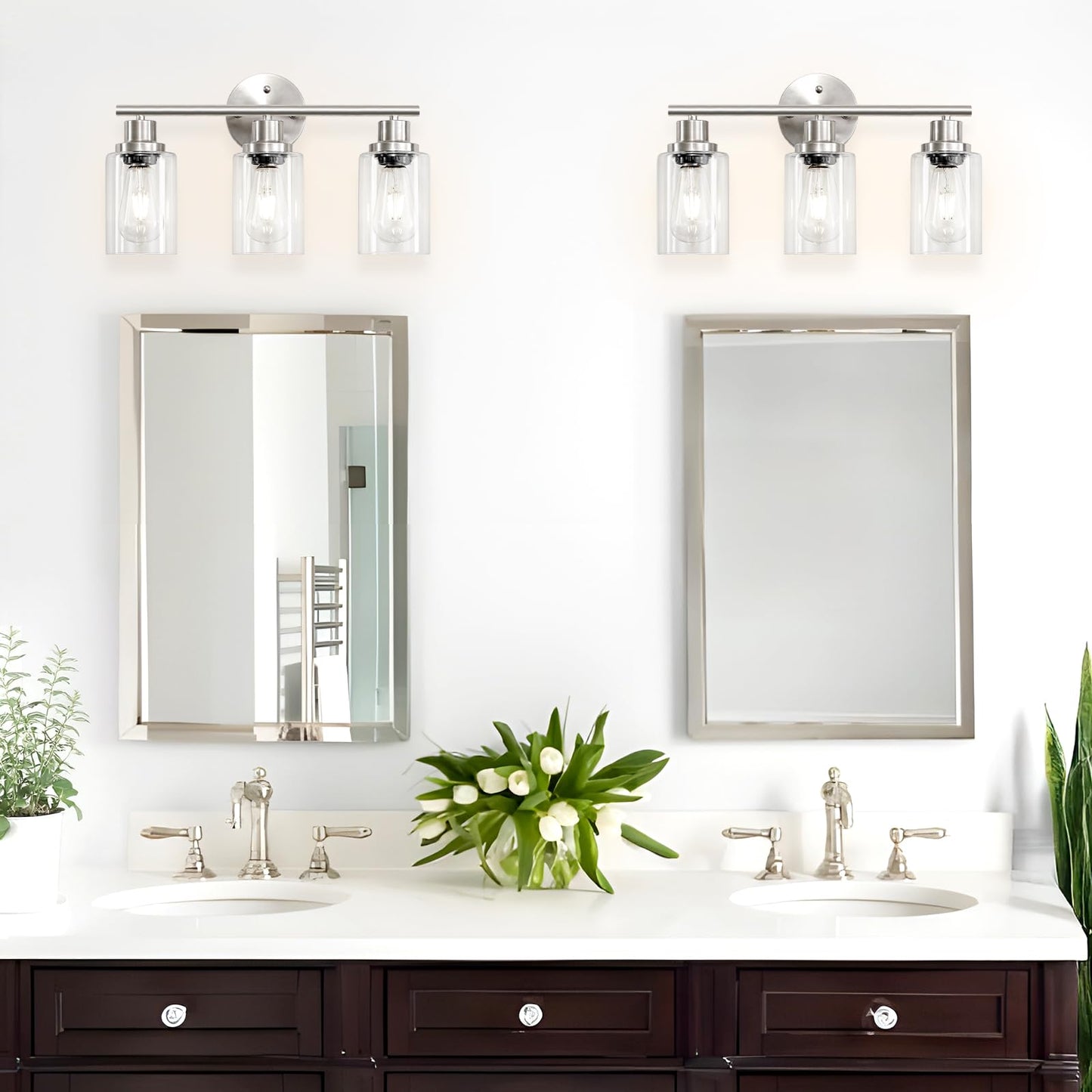 Guliaofo 3-Light Brushed Nickel Vanity Lights, E26 Modern Bathroom Light Fixtures with Clear Glass Shade, Wall Lamps for Mirror Kitchen Hallway Cabinet Living Room Sconces Lights