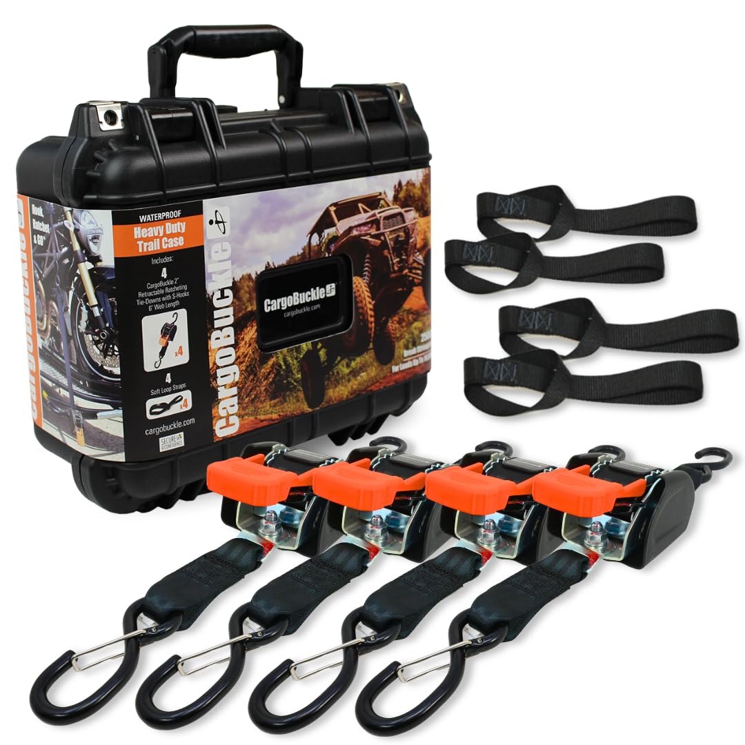 CargoBuckle Trailcase Deluxe Retractable Ratchet Straps, Tie-Down Ratcheting System: Includes 4 Straps, 4 Soft Loop Hook Converters & Weatherproof Case, for Loads Up to 5,600 lbs (1-Inch)