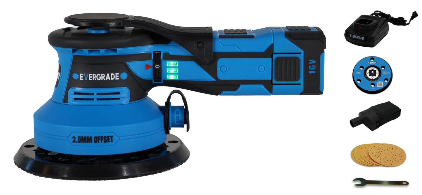 EVERGRADE AWARD WINNING FINALIST Professional 5" & 6" CORDLESS DA Random Orbital Power Sander with 3/32" (2.5mm) Offset - STARTER KIT RGX Pro 332 - WOODWORKING, Automotive, Paint, (Fine Finish)