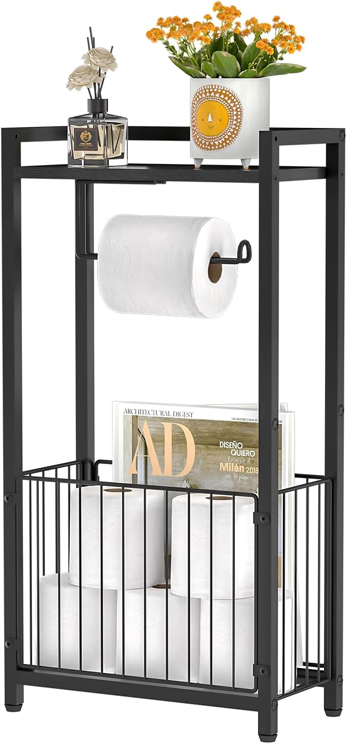 Skiennix Freestanding Toilet Paper Holder - Stylish Bathroom Tissue Stand with Storage Shelf for Phone & Magazines
