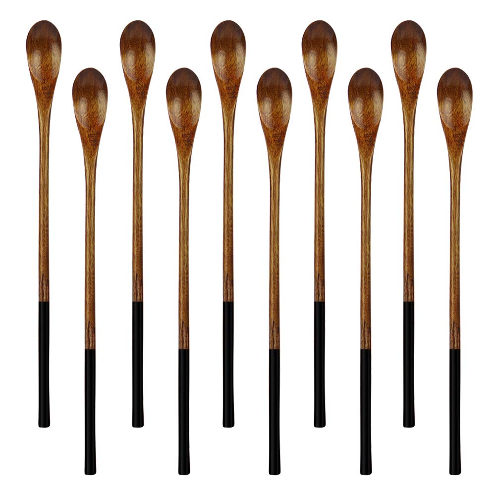 Wooden Long Tea Spoons, AOOSY 9.13 inches 10 Pieces 100% Natural Wood Long Handle Drink Spoons Honey Spoon Cocktail Stirrer Swizzle Sticks