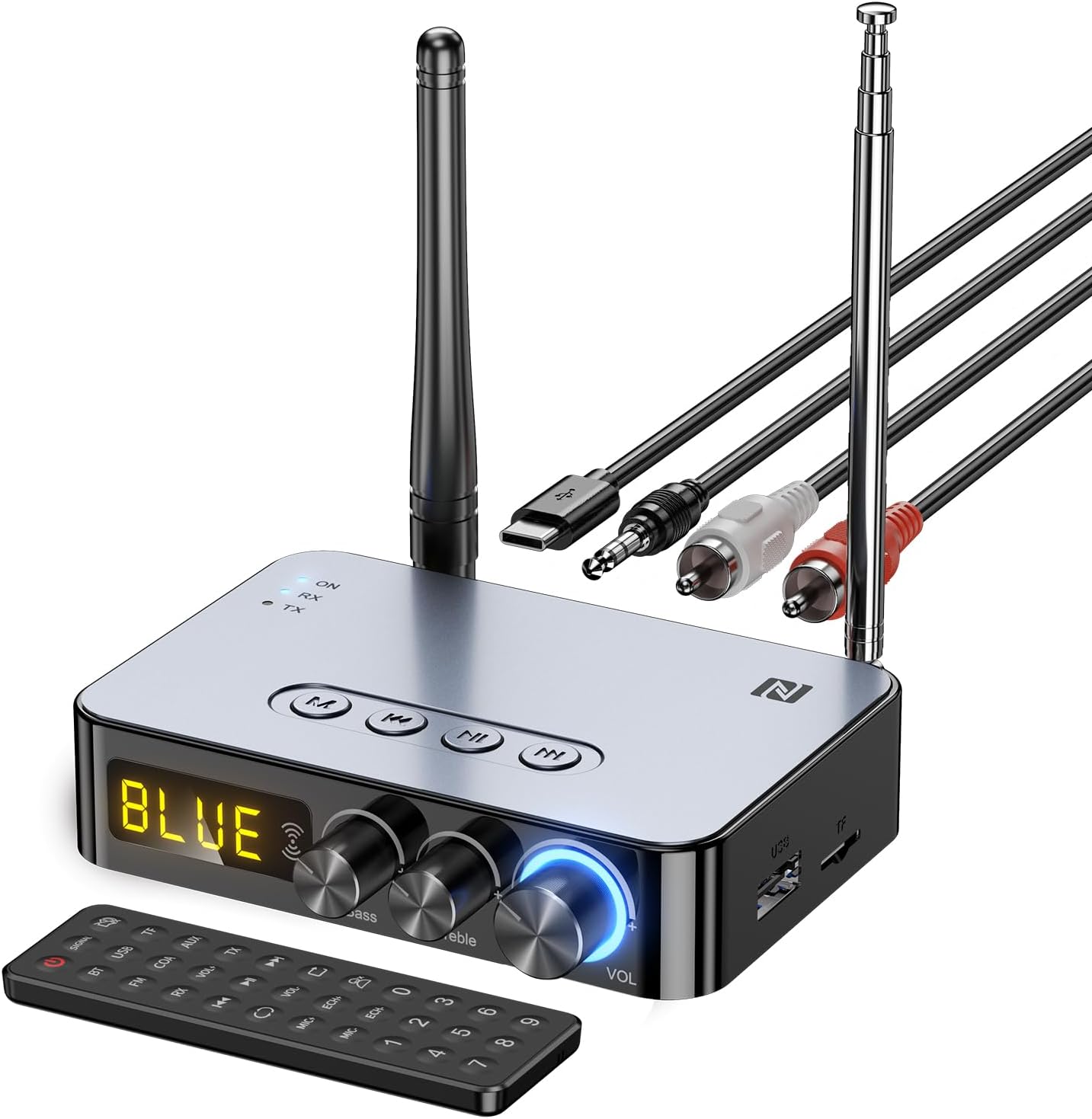 MOREGAX 4-in-1 3.5mm AUX,RCA,6.5mm Bluetooth Audio Receiver Transmitter (with Remote) for Home Stereo TV, HiFi Wireless