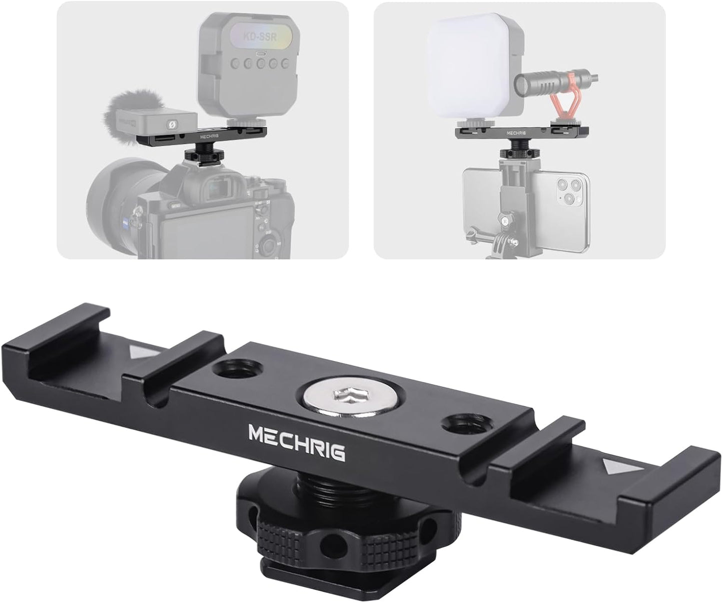 Mechrig 1/4" (62034) Dual Cold Shoe Extension Bar Mount, Aluminum Dual Hot Shoe Mount Bracket with Thread & Cable Slot