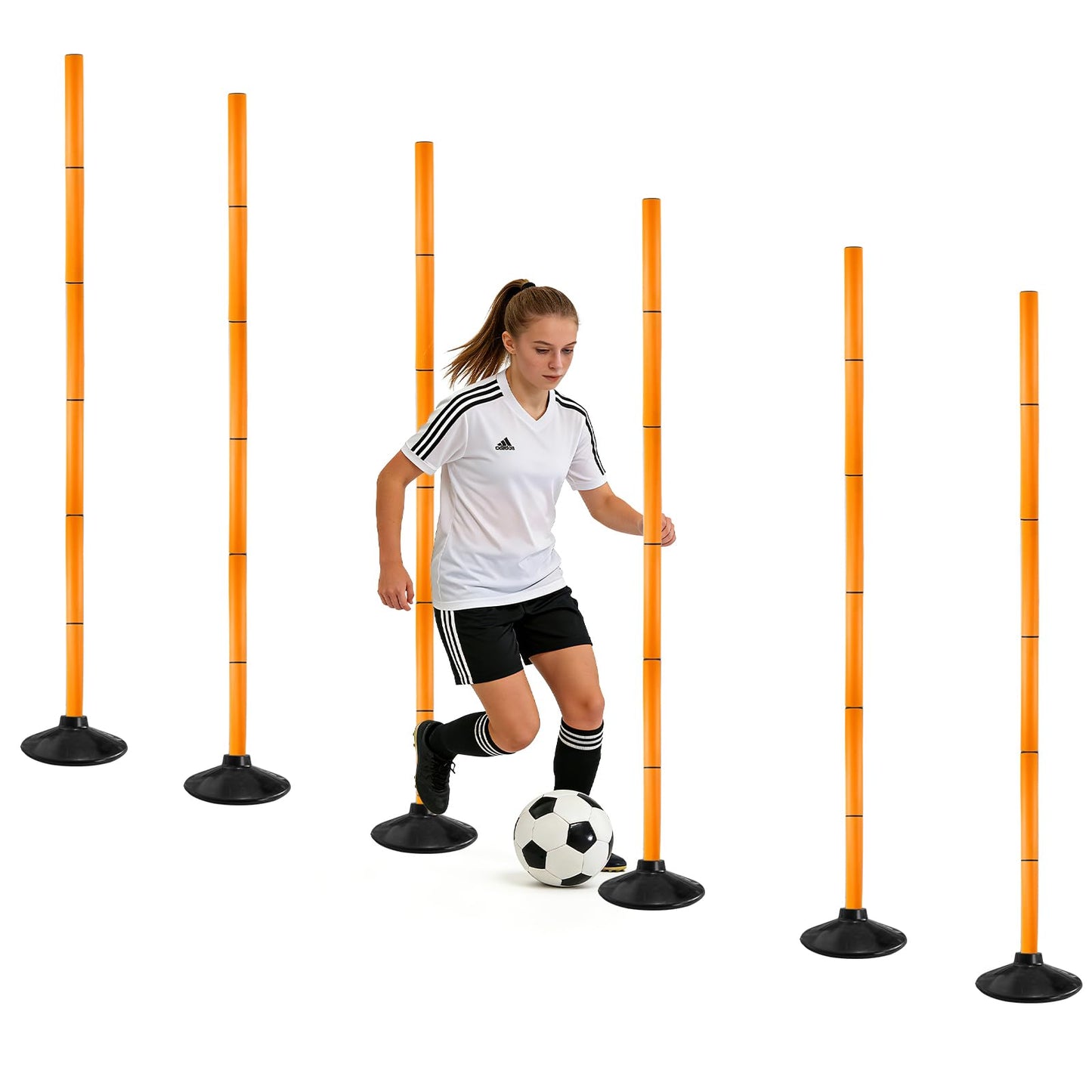 TOMAIX 6 FT Agility Poles 6-Pack with Adjustable Height and Detachable Rubber Bases, Speed Training Poles for Soccer, Basketball, Footwork Drills and Pet Training (Orange)