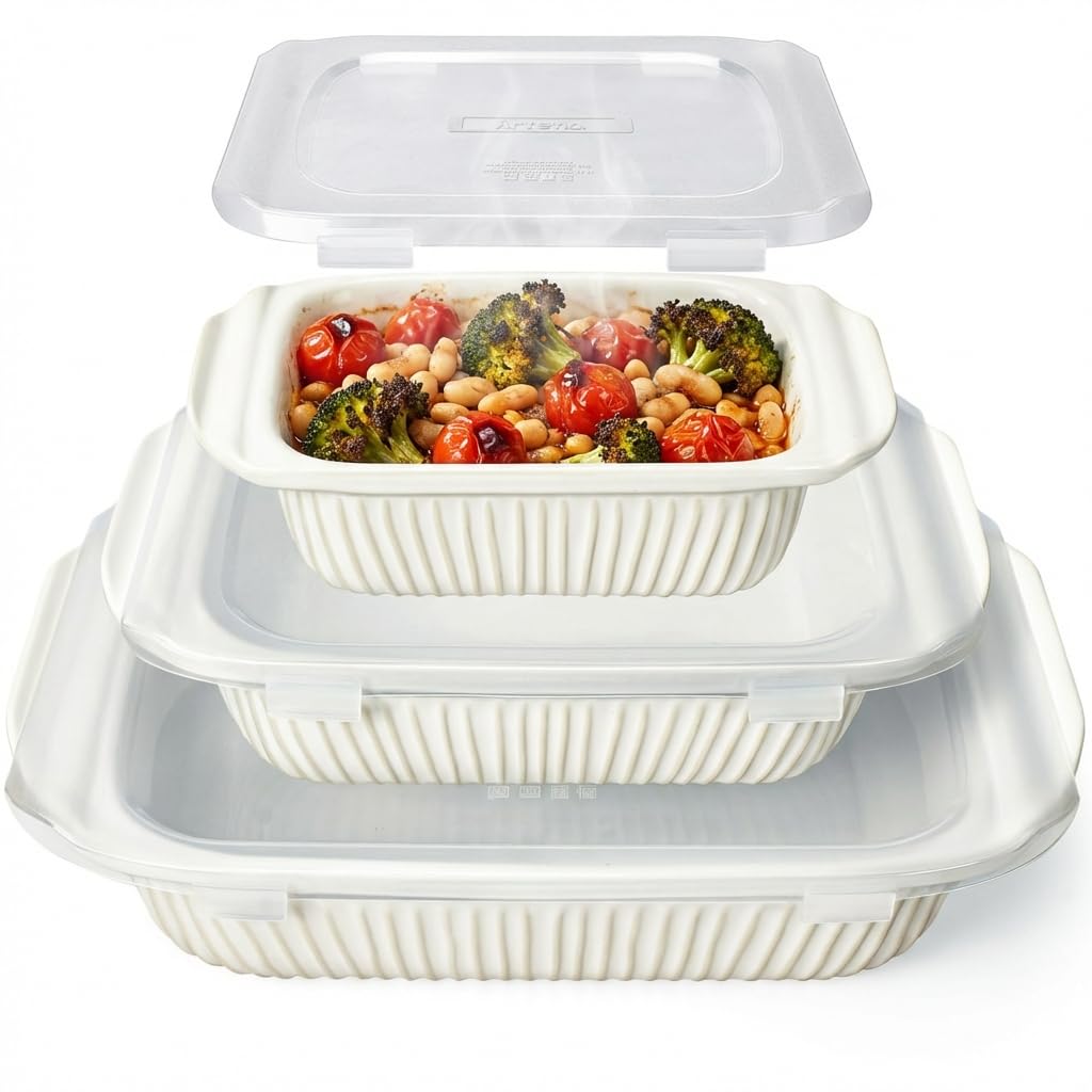 Artena Casserole Dishes For Oven, Ceramic Baking Dish, Large Lasagna Pan With Handles, Baking Pan Casserole Dish, Rectangular Bakeware Deep, White, Set Of 3 (5.1Qt/2.3Qt/1.1Qt) (Baking Dish With Lids)