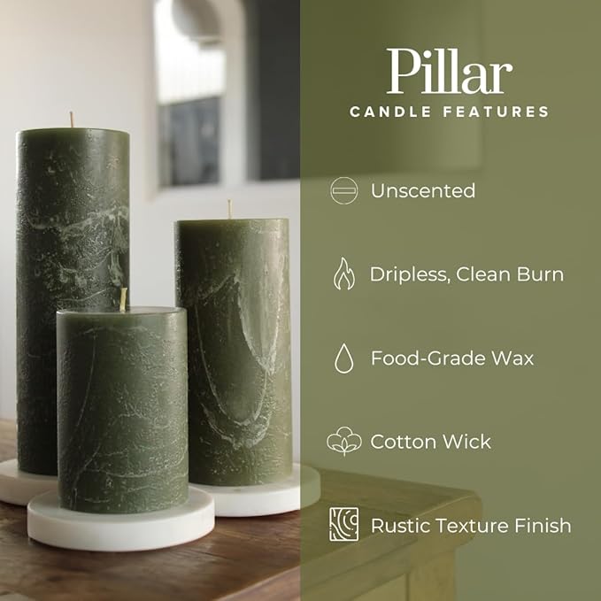 Simply Soson 3x6 inch Dark Moss Green Pillar Candles Set of 3, Rustic Texture, Unscented Green Candles, Dripless Candles, 3 inch Pillar Candles for Wedding Parties Spas Dinner Home Decoration Church