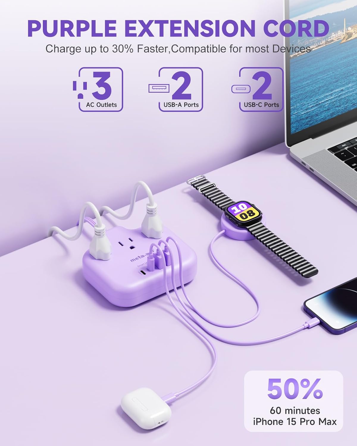 meta-ant 3 4 USB(2 1625W Purple Extension Cord with AC Outlets and USB-C) Ports, Purple Travel Power Strip, Cute Kawaii