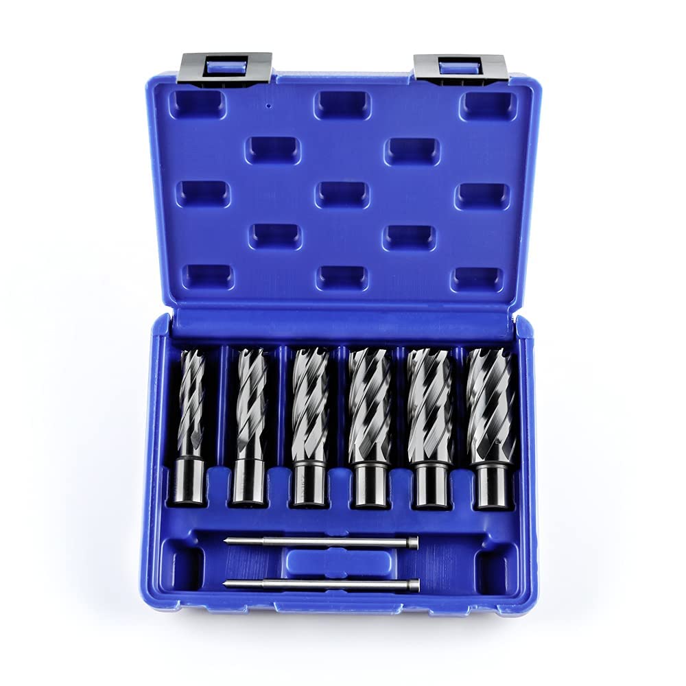 OSCARBIDE Annular Cutter Set 8 Pieces, 3/4" Weldon Shank,2" Cutting Depth,(9/16,11/16,13/16,15/16,1,1-1/16) inch Cutting Diameter,Mag Drill Bits for Magnetic Drill Press with 2pcs Pilot Pins