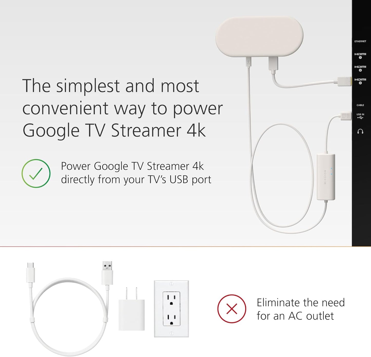 Mission Cables Mission USB Power Cable for Google TV (Power Google TV Directly from Your USB Port)