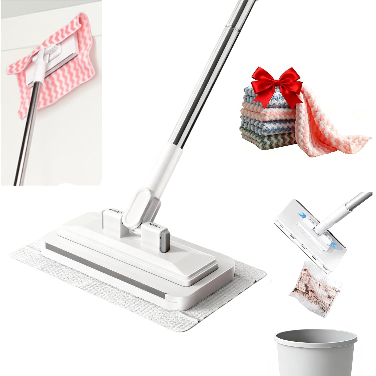 Press Grip Mini Mop, Zero-Touch Gap Dust Cleaner with 39in Lazy Mop & Hands-Free Lock Head, Disposable Dust Mop for House Wall Bathroom Toilet Corners Multi Surface Cleaning with 5 Cloths