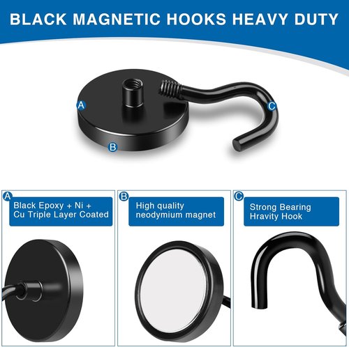 LOVIMAG Magnetic Hooks - Heavy Duty 50lbs+ Strength | 12 Pack Black Magnets for Home & Travel