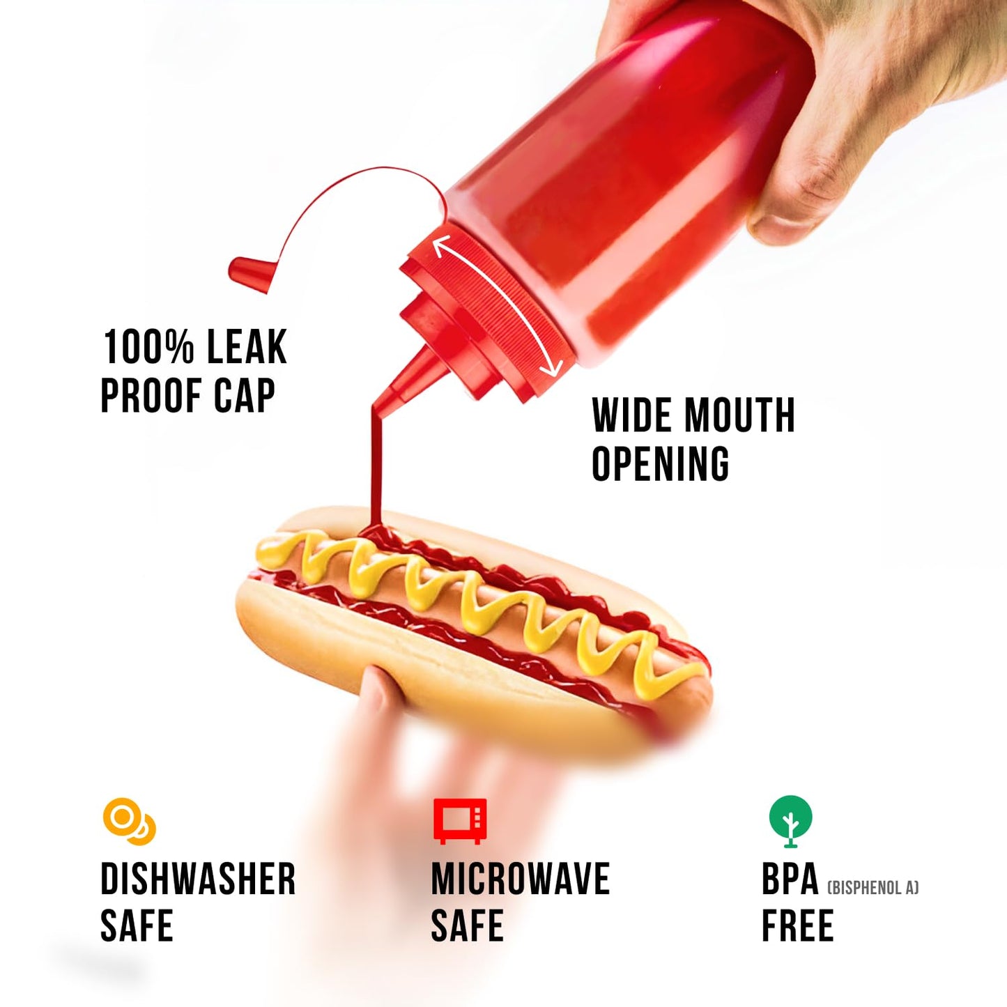 Norcalway 16 oz Condiment Squeeze Bottles for Sauces - Leak Proof - 6 Pack