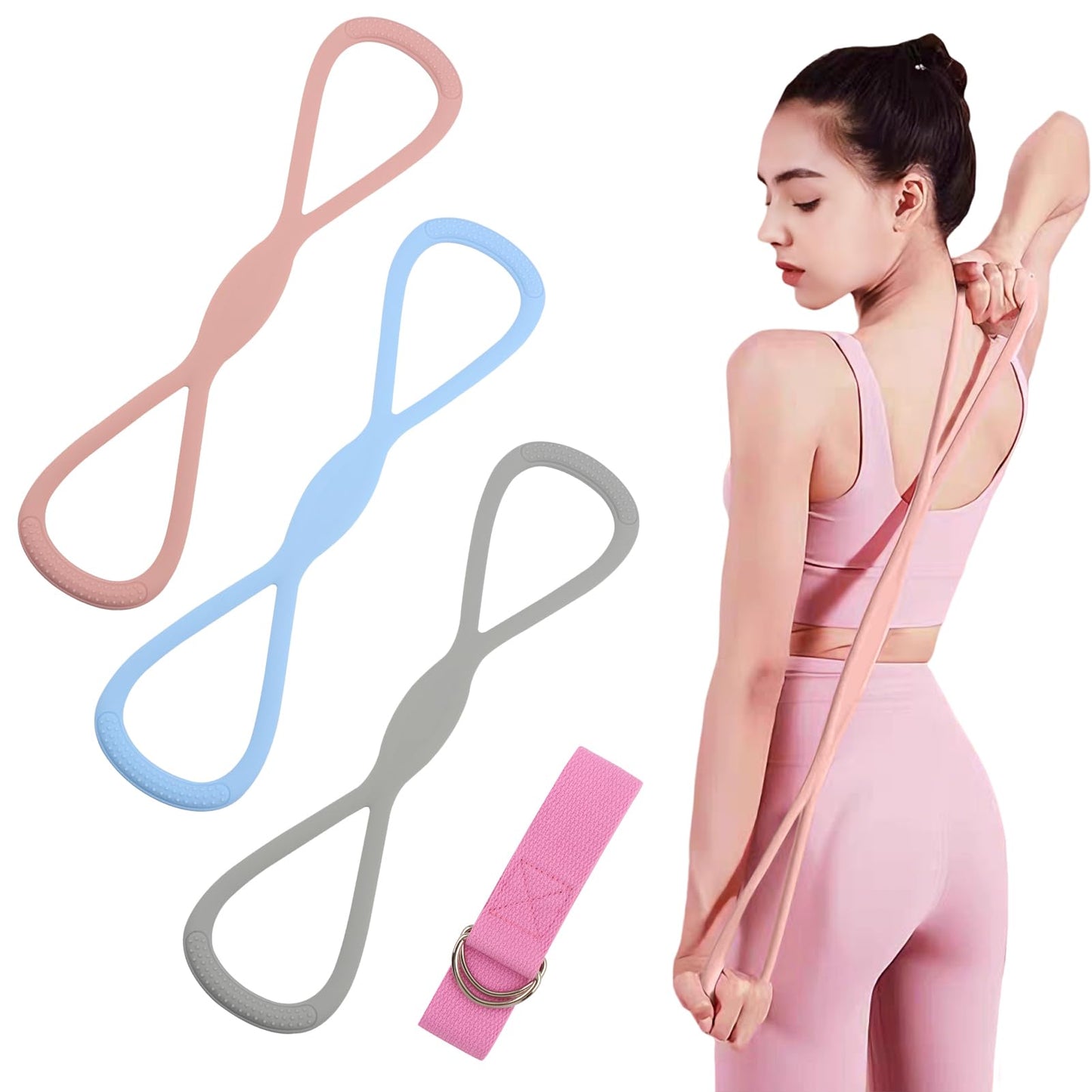 Figure 8 Resistance Bands Set of 3 (15/25/35lb),Silicone Exercise Bands with Handles for Women Men, Workout Bands for Shoulder, Posture Correction, Home Gym Yoga Exercise Equipment