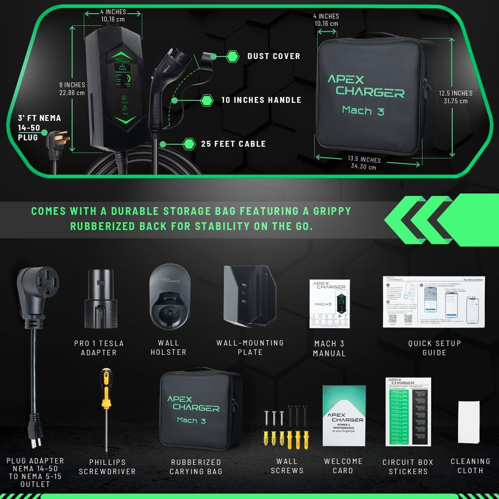 MACH 3 Fast 40 Amp Level 1&2 Portable EV Charger, Electric Vehicle Charging Station, 120-240V NEMA 14-50 w/ 5-15 Adapter. SAE J1772 car Connector & Tesla mobile NACS, Outdoor EVSE, 25ft Cable w/holder