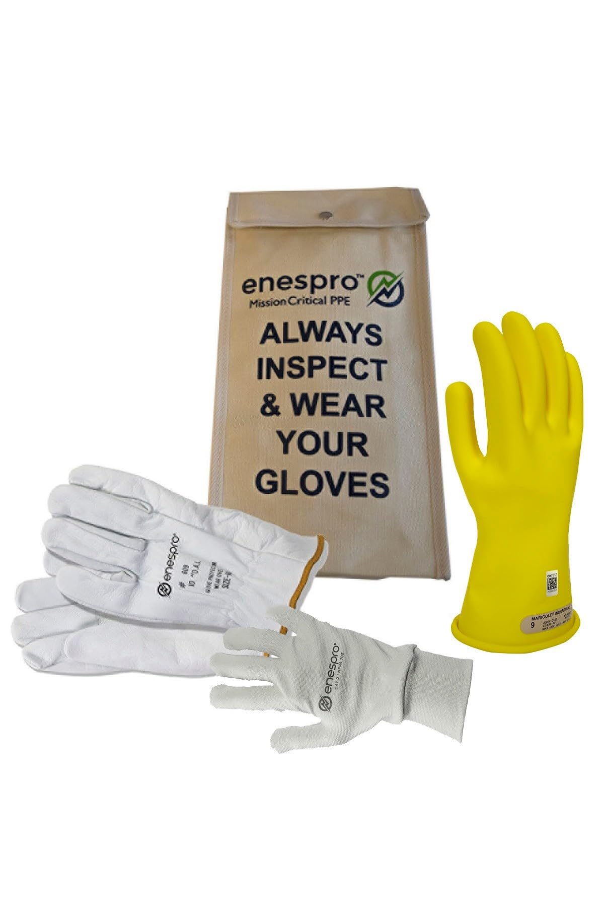 Enespro Class 00 Premium Electrical Gloves Kit (Pack of 3), 500V AC / 750V DC Yellow Insulated Rubber Gloves with Leather Protectors and Kint Gloves, Work Gloves for Linemen, and Utility Workers