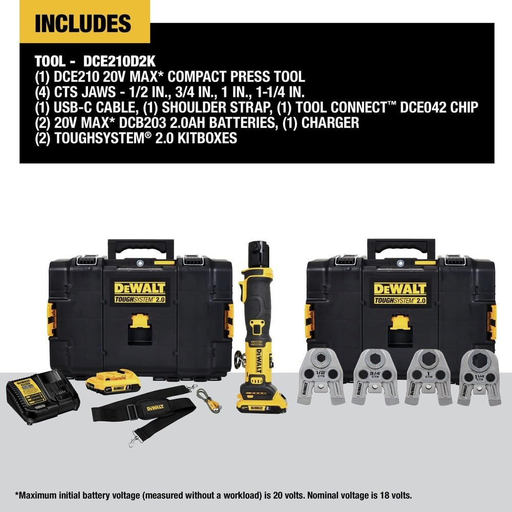 DEWALT 20V MAX Compact Press Tool Kit with CTS Jaws, 1/2-1-1/4 Inch, Cordless, 2 Batteries and Charger Included (DCE210D2K)