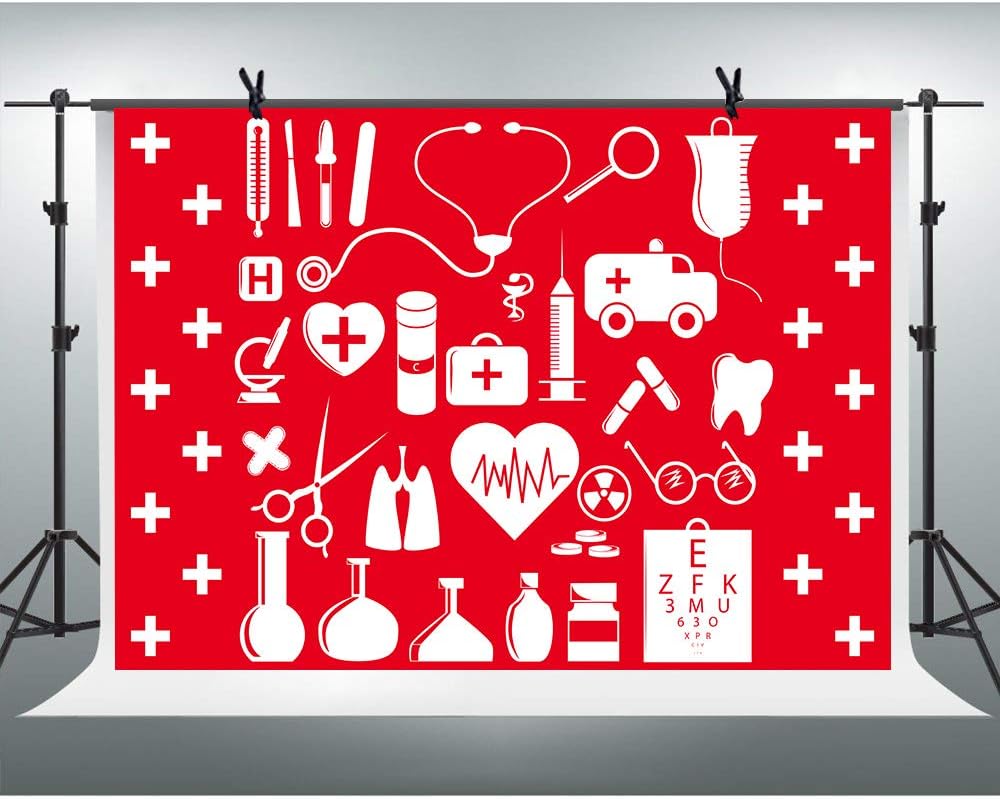 FHZON 7x5ft BJYYFH3 Doctor and Nurse Supplies Backdrop Red and White Cross Photography Background Theme Party Wallpaper