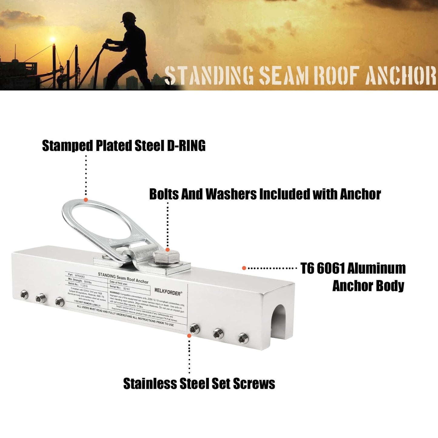 WELKFORDER Standing Seam Roof Anchor Clamp with D-ring mount Aluminum Alloy Fall Protection Roofing Kit ANSI Compliant