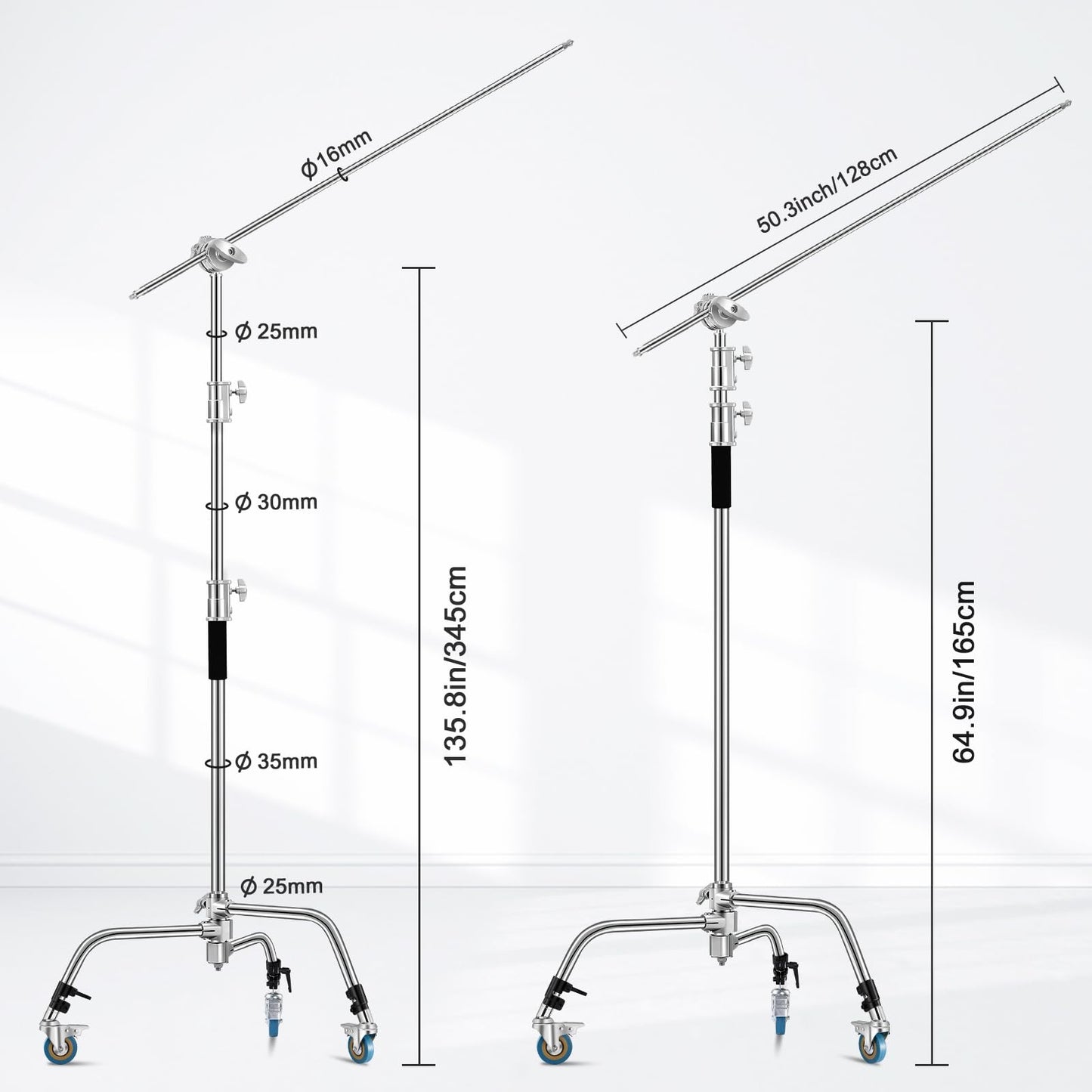 Heavy Duty C Stand 11.3ft/345cm Light Stand with 4.2ft/128cm Boom Arm Wheels Sturdy Stainless Steel Century Stand for Photography Studio Video Reflector, Umbrella, Softbox and Monolight
