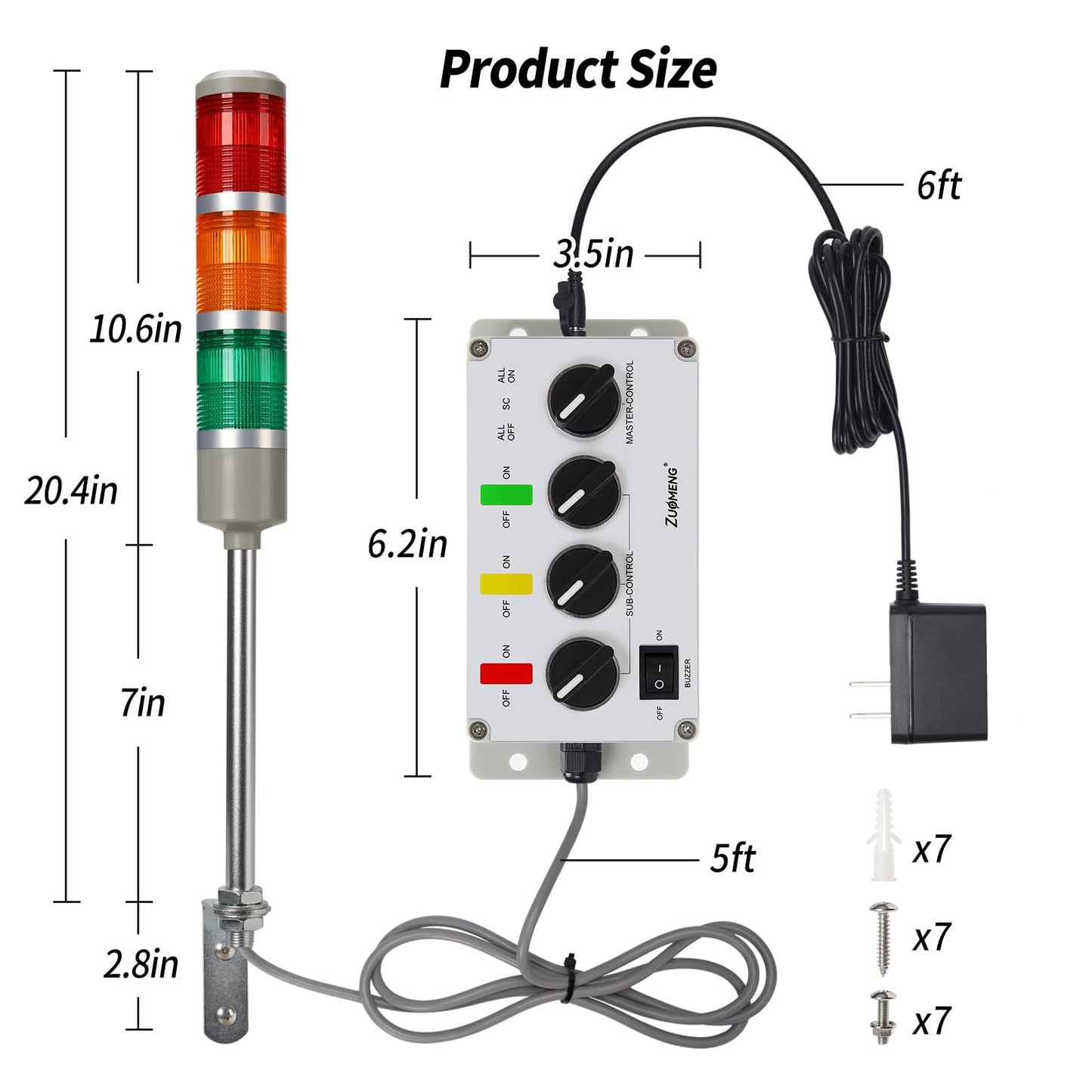Zuomeng 3 Stack Super Bright LED Andon Tower Light, Red/Amber/Green, Plug & Play Ready, 6 ft Power Cord, IP65, 85 dB Buzzer, Easy Installation for Factory Automation & Safety Alarms