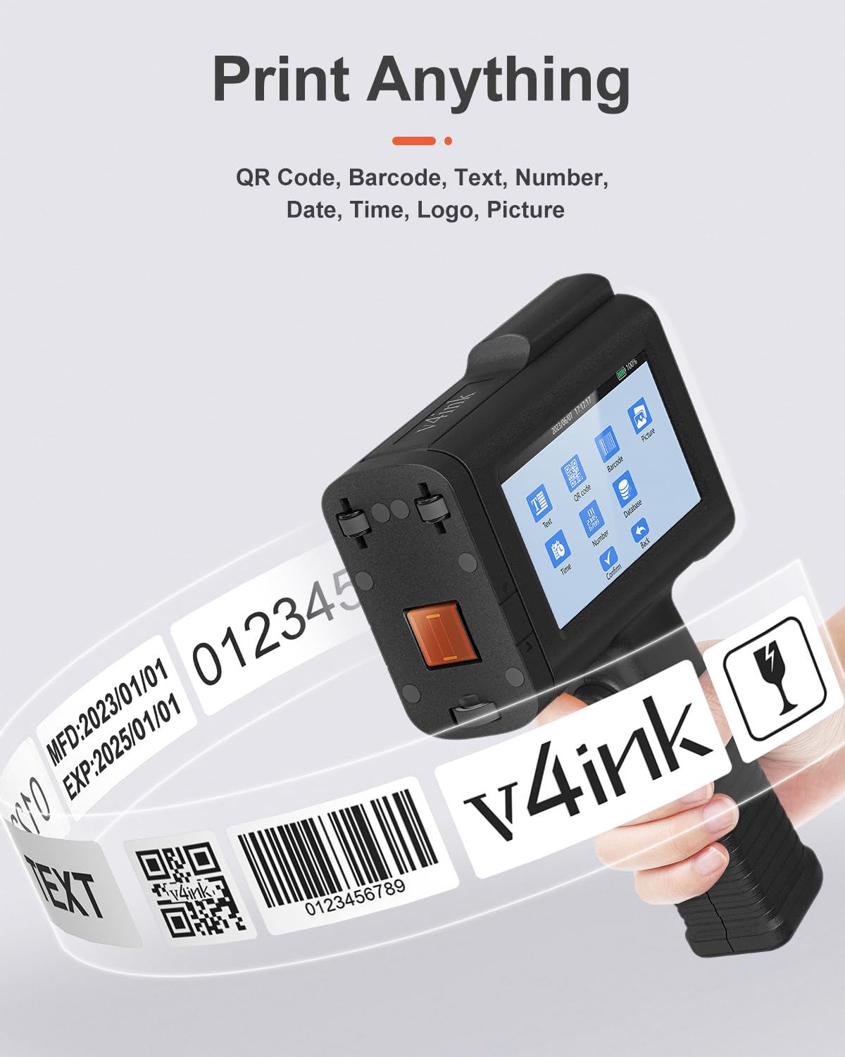 v4ink BENTSAI Handheld Inkjet Printer BT-HH6105B2 Portable TIJ Handheld Printer with 12.7mm Print Height for Batch Number Date Logo QR Code Barcode Picture Printing on Any Surfaces