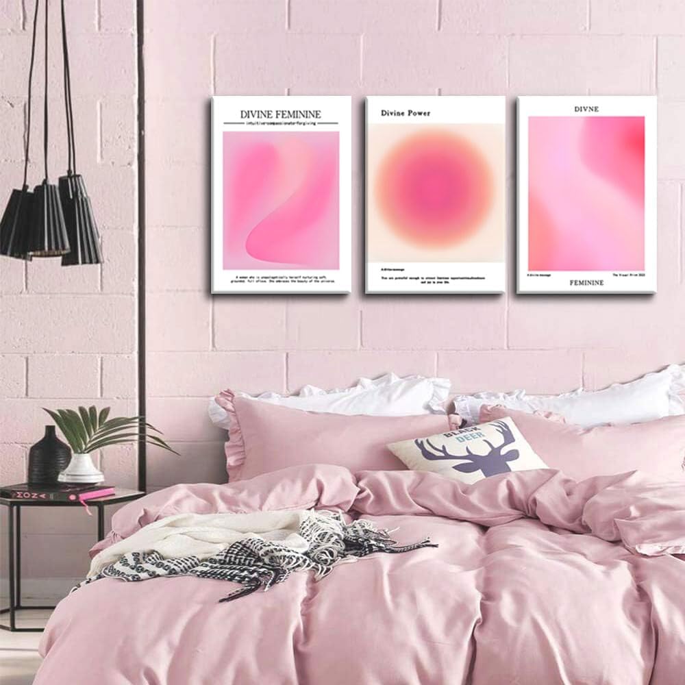 Skiennix Canvas Wall Art Set of 3 - Pink Gradient Aura Angel Posters | Framed 12x16 Inch Decor for Bedroom & Living Room