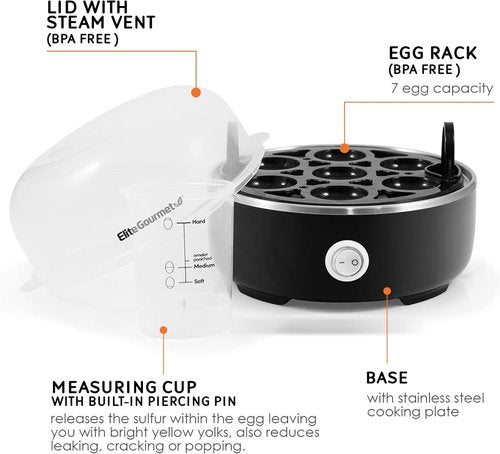 Elite Gourmet Easy Egg Cooker - Electric 7-Egg Capacity for Soft, Medium, Hard-Boiled Eggs | BPA Free, Classic Black