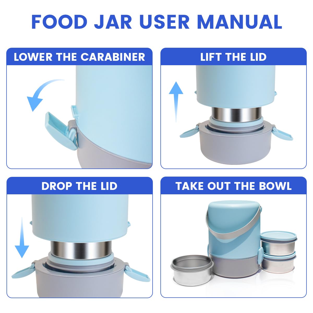60.87oz Insulated Soup Container,Thermos Container For Hot Food,Contains 3 Tier Stainless Steel Leak Proof Stackable Thermal Food Jar,lunch box Containers For Office Picnic Travel Outdoors (Blue)