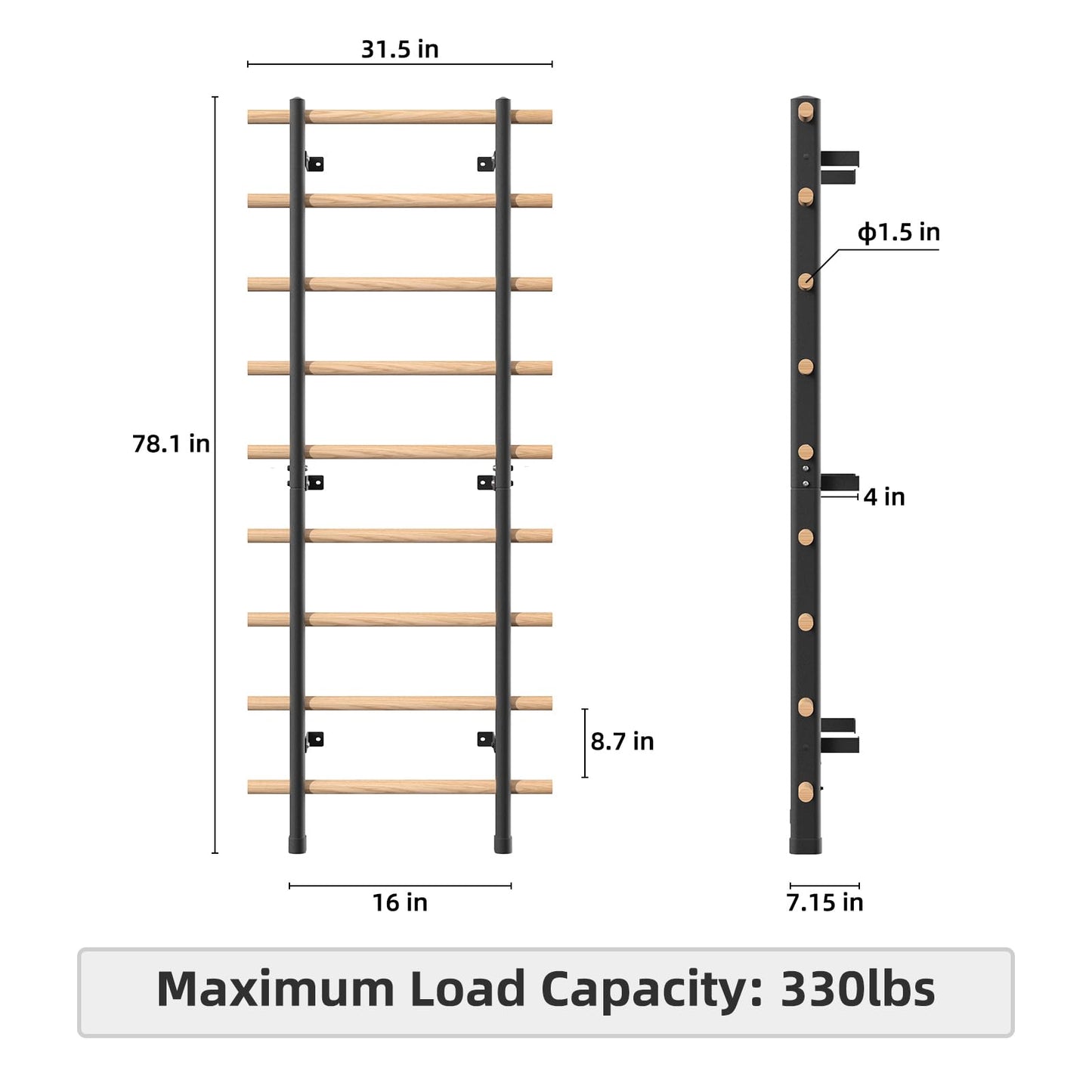 DHT Swedish Ladder, Wall Bars, Stall Bar Suspension Trainer with 9 Strategic Rods, for Fitness Home, Gym, School, Clinics and Gymnastics