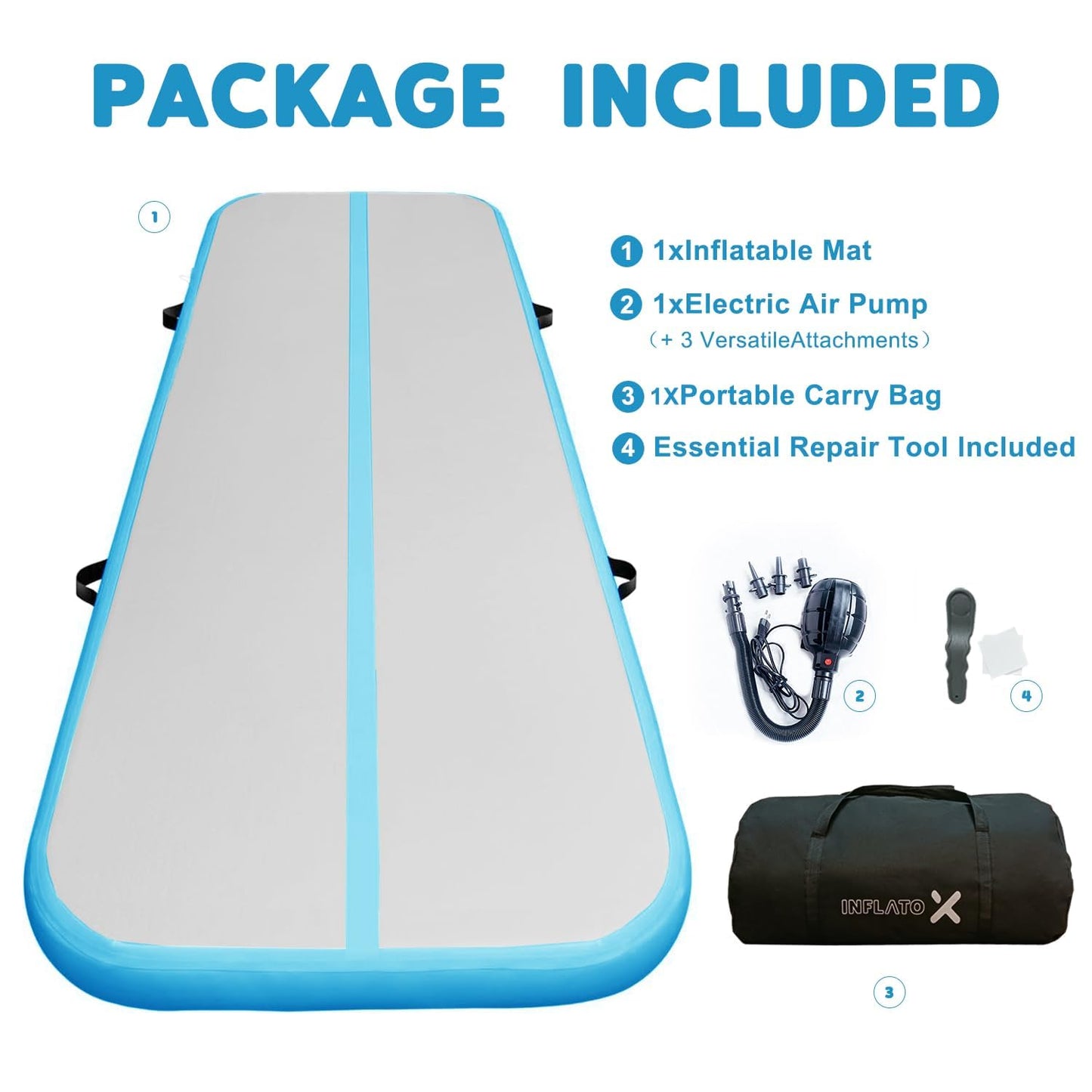 InflatoX Inflatable Air Gymnastics Mat Training mat Thick tumbling mat with Electric Pump for Home/Gym/Outdoor (Blue/Blue, 13.12ft*3.3ft*4in(4 * 1 * 0.1M))