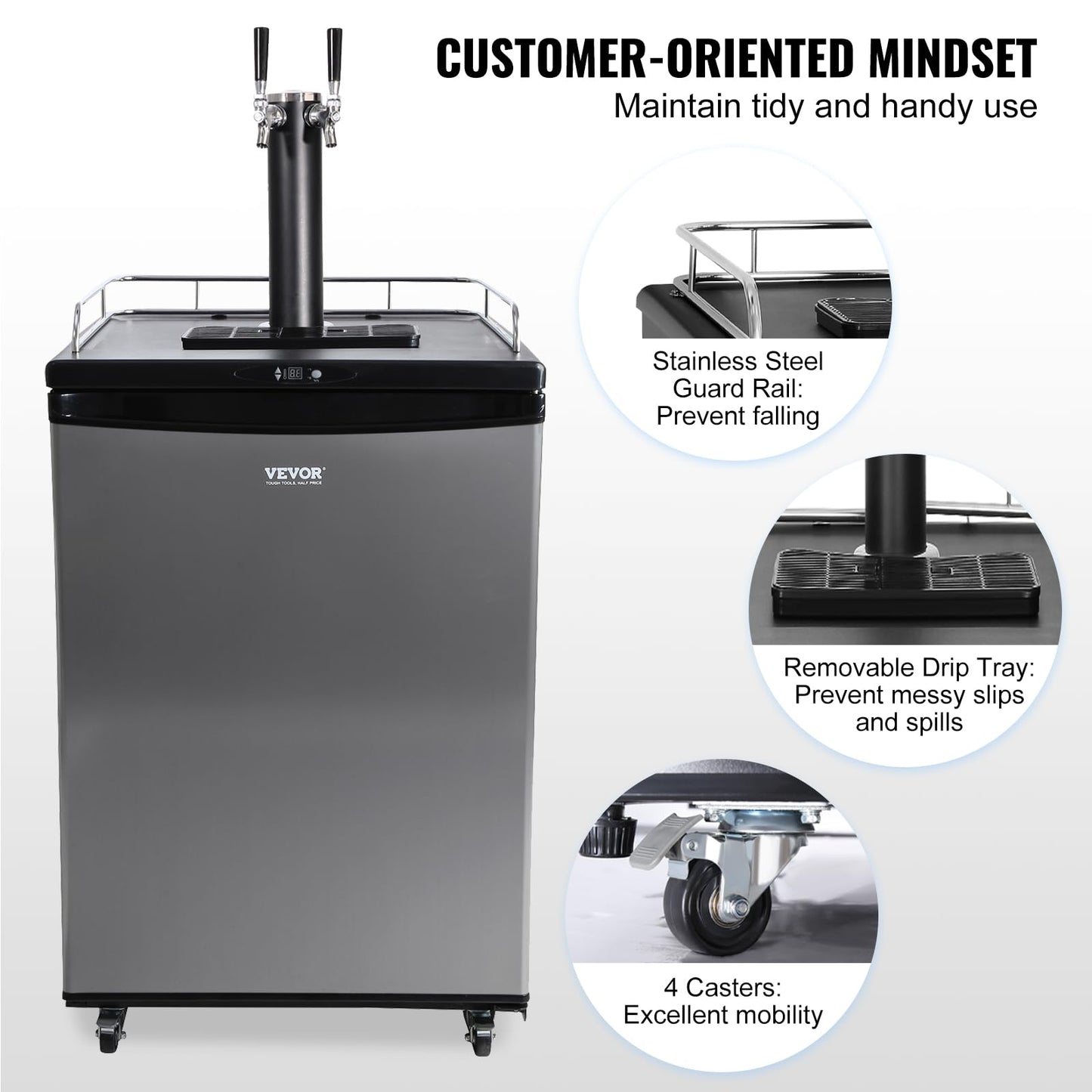 VEVOR Beer Kegerator, Dual Tap Commercial Draft Beer Dispenser for D system, Full Size Keg Refrigerator with 5lbs CO2 Tank, Hold 2 Sixth / 3 Ball lock keg, Silver