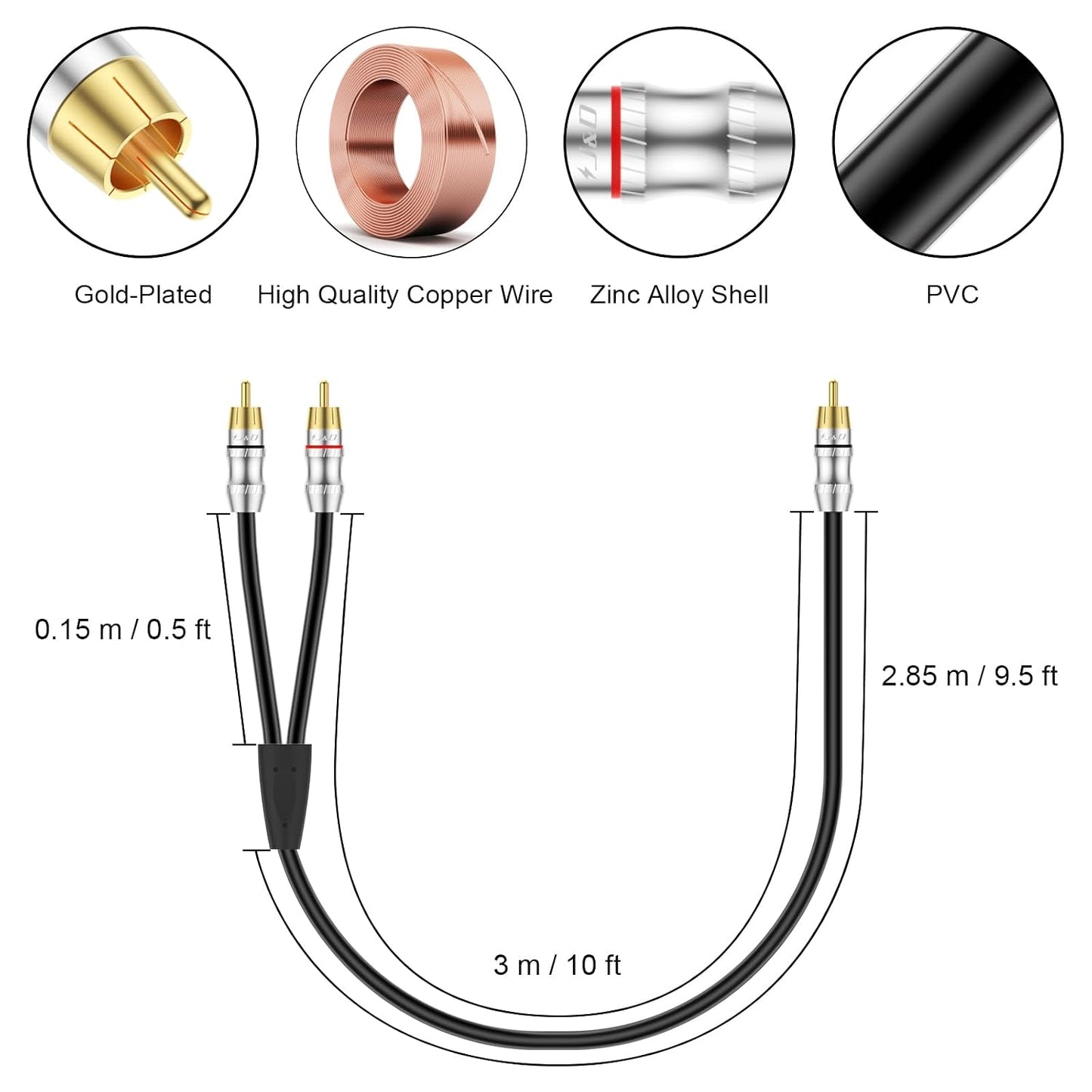 1 2 10 J&D RCA Cable, RCA Male to RCA Male Y-Splitter Digital Stereo Audio Cable Subwoofer Cord for Subwoofer, Home