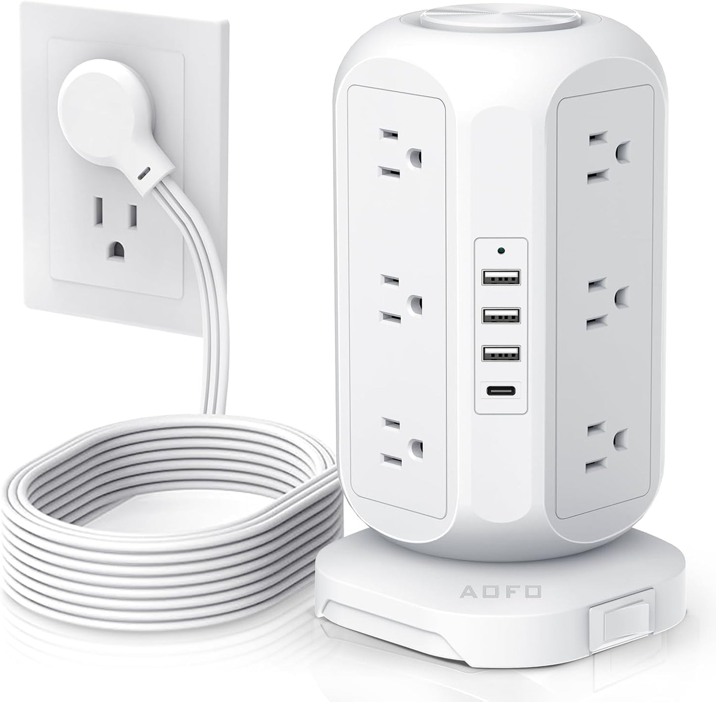 AOFO 12 4 USB(1 10Ft Tower Power Strip Flat Plug with Outlets USB C), Surge Protector Charging Station with Overload