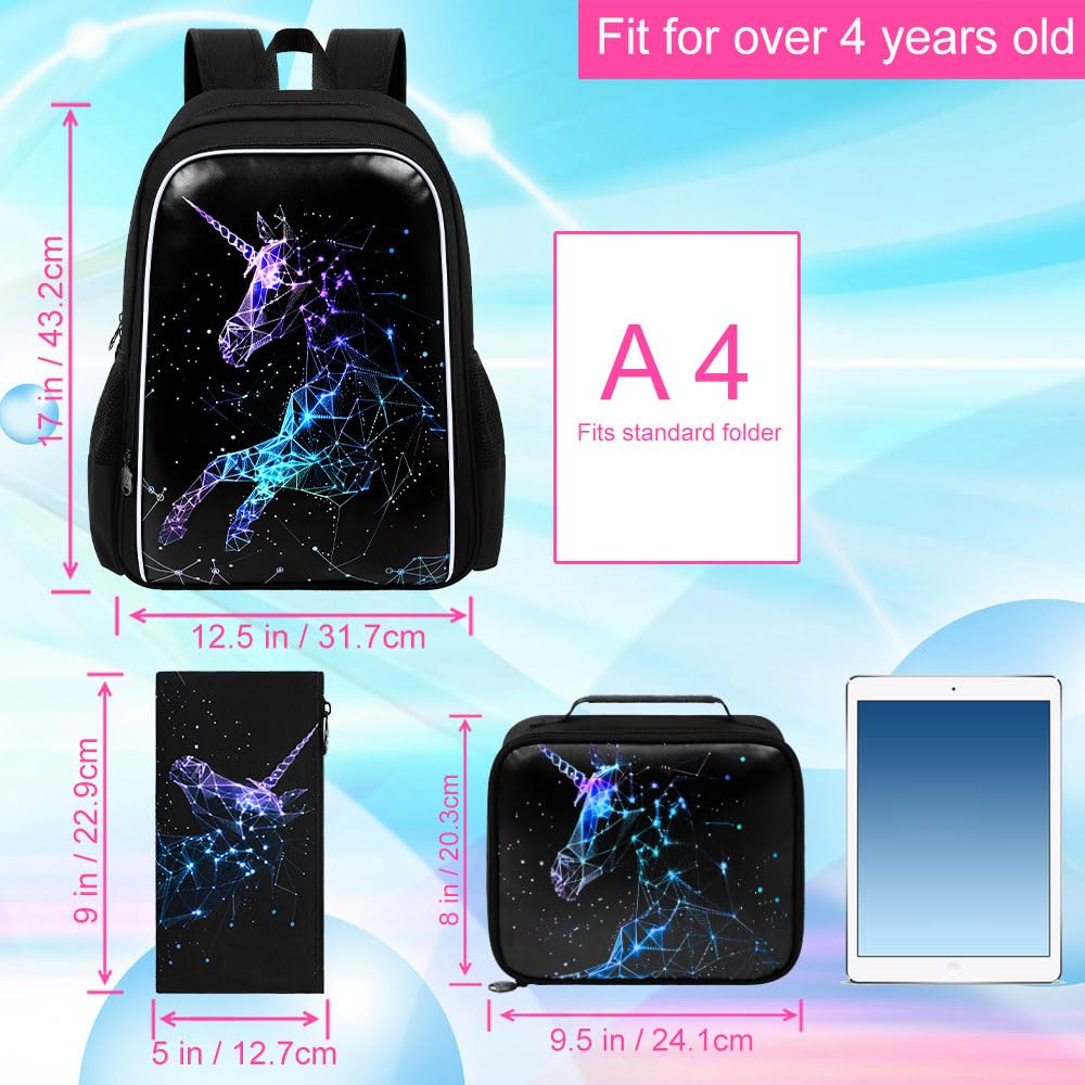 KLFVB 3PCS Girls Backpack, 17" Unicorn Kids Bookbag and Lunch Box, Water-Resistant Preschool Backpacks for Teen Elementary Students