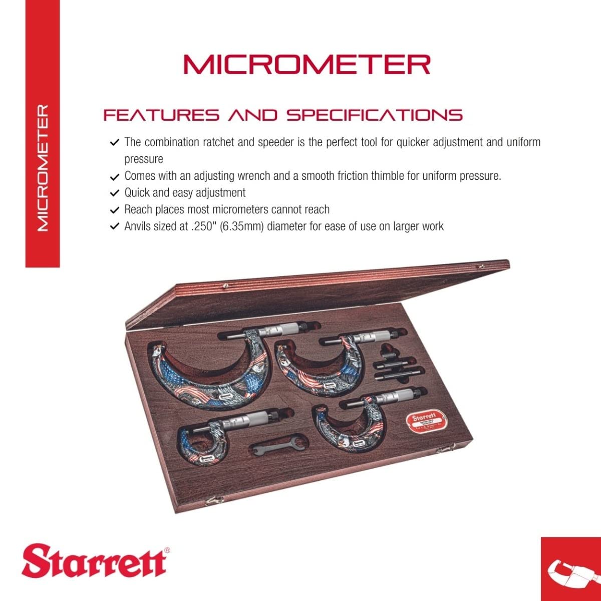Starrett Outside Micrometer Set with Smooth Friction Thimble, Combination Ratchet and Speeder - American Pride Theme, 0-4" Set Range, .0001" Graduation - SAPT436.1XRLZ