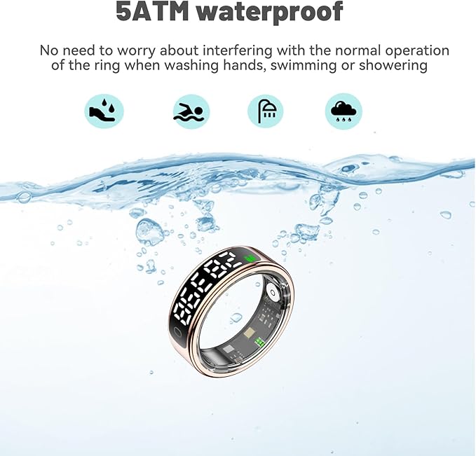 Smart Health Ring for Women Men, Smart Ring Fitness Tracker for iOS Android, Heart Rate, Blood Oxygen, Blood Pressure, Sleep Monitoring,5ATM Waterproof, No Subscription Fee (Gold, 12#)