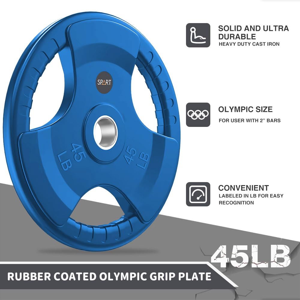 SPART Color Weight Plate 2-Inch Rubber Coated Olympic Grip Plate for Barbell,Solid Cast Iron Weight Plates in Pairs or Single for Strength Training,Weightlifting,Crossfit,Home Gym, 65LB Combo
