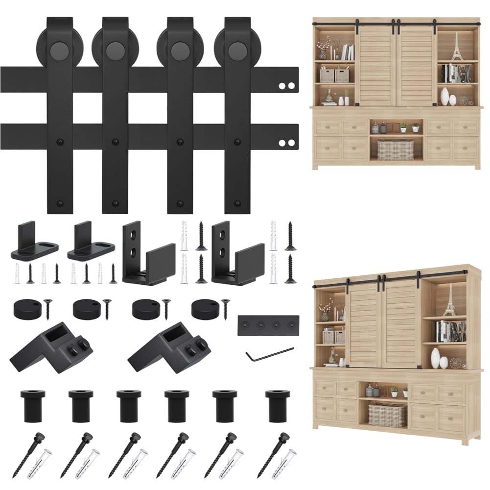 ZEKOO 8FT Super Mini Sliding Barn Door Hardware Kit for Double Door Cabinet, Small Barn Door Hardware Track Kit for TV Stand, Cupboards, Storage Cabinets, Wardrobes, J Shape Hanger (No Cabinet)
