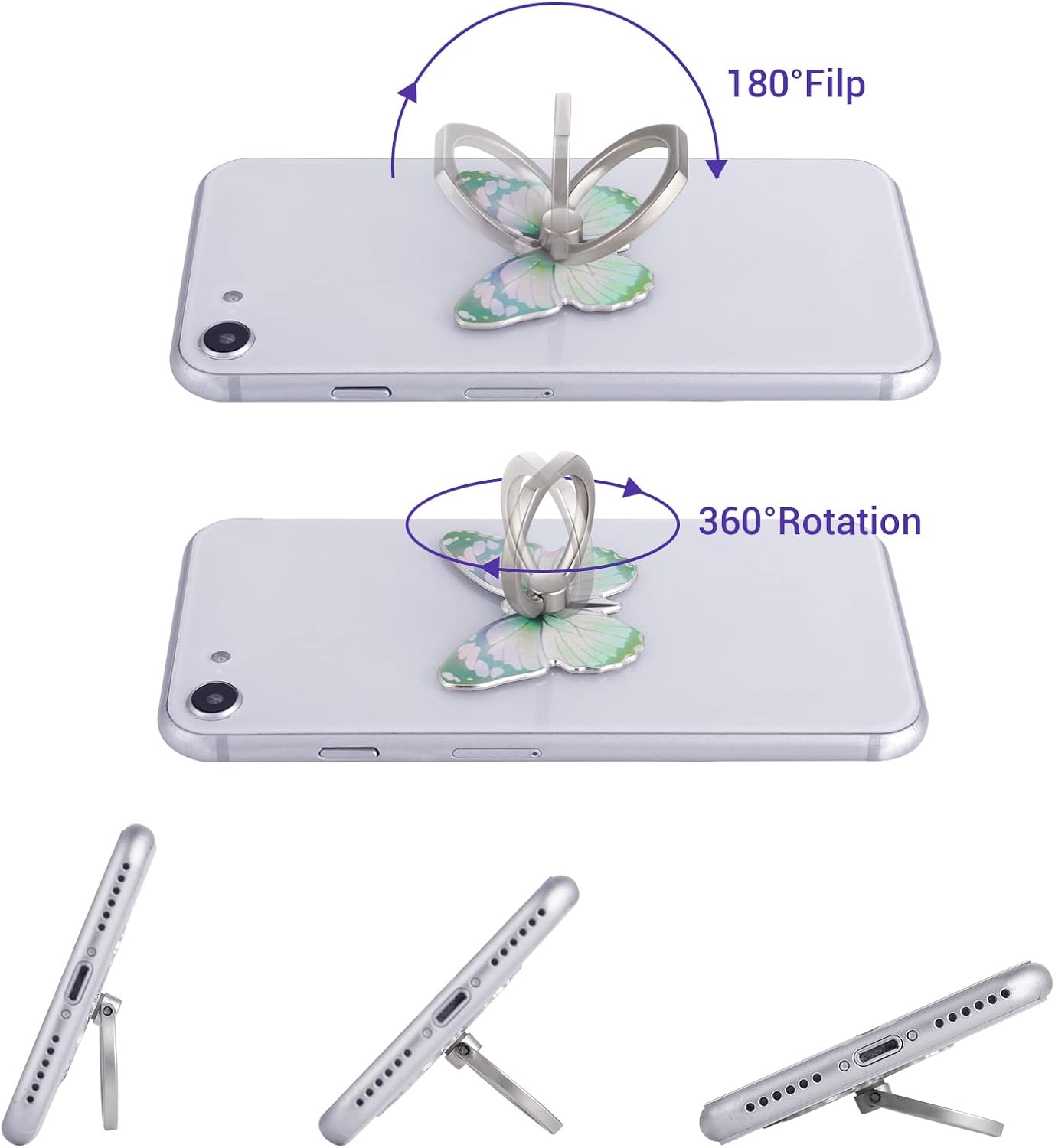 cobee 3 360Rotation Pcs Butterfly Cell Phone Ring Stand Holder, Cute Butterfly Pattern Painted Metal Finger Stand